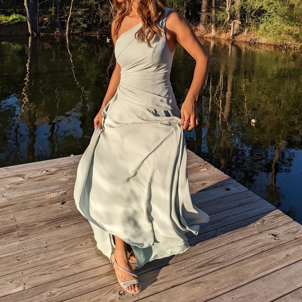 Dusty Sage David’s Bridal - Georgette One-Shoulder Cascade Bridesmaid Dress